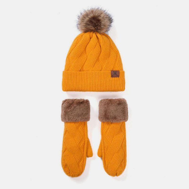 Femmes 2 Pièces Laine Plus Épaissir Chaud Hiver Gants Tricotés En Plein Air Chapeau Tricoté Avec Boule De Peluche