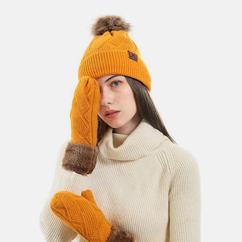 Femmes 2 Pièces Laine Plus Épaissir Chaud Hiver Gants Tricotés En Plein Air Chapeau Tricoté Avec Boule De Peluche