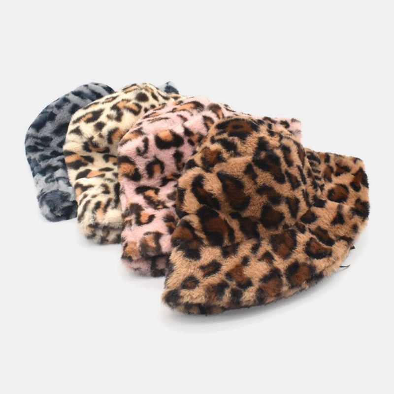 Femmes Agneau Cheveux Chaud Doux Motif Léopard Casual Personnalité Seau Chapeau