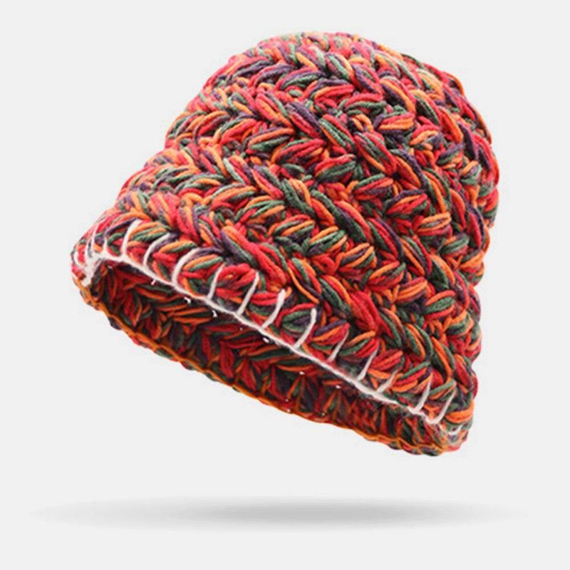 Femmes Laine Arc-en-ciel Couleur À Revers Oreille Protection Chaud Décontracté Beanie Seau Chapeau