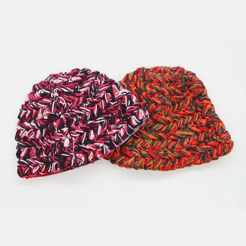 Femmes Laine Arc-en-ciel Couleur À Revers Oreille Protection Chaud Décontracté Beanie Seau Chapeau