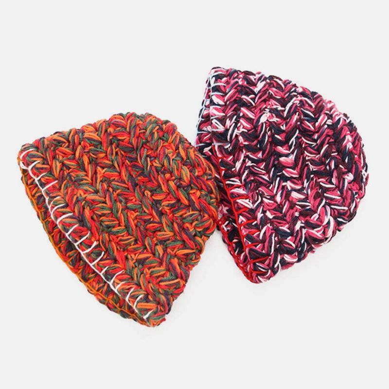 Femmes Laine Arc-en-ciel Couleur À Revers Oreille Protection Chaud Décontracté Beanie Seau Chapeau