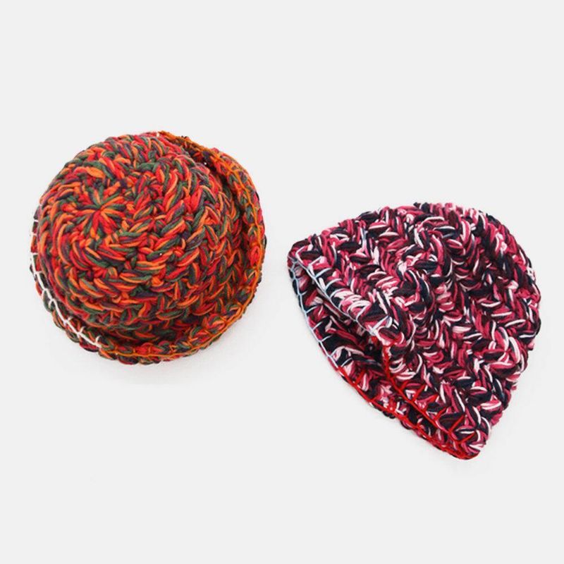 Femmes Laine Arc-en-ciel Couleur À Revers Oreille Protection Chaud Décontracté Beanie Seau Chapeau