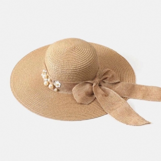 Femmes Paille Couleur Unie Élégant Grand Bord Perle Nœud Papillon Bord Ondulé Visière Chapeau De Soleil Chapeau De Plage Chapeau Seau