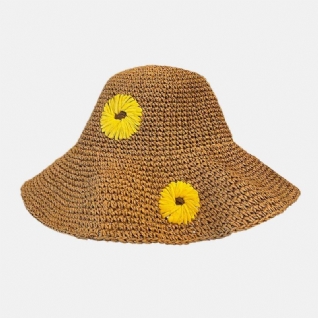 Femmes Paille Floral Couleur Unie Élégant Tournesol Grand Bord Visière Protection Solaire Chapeau Plage Chapeau Seau Chapeau