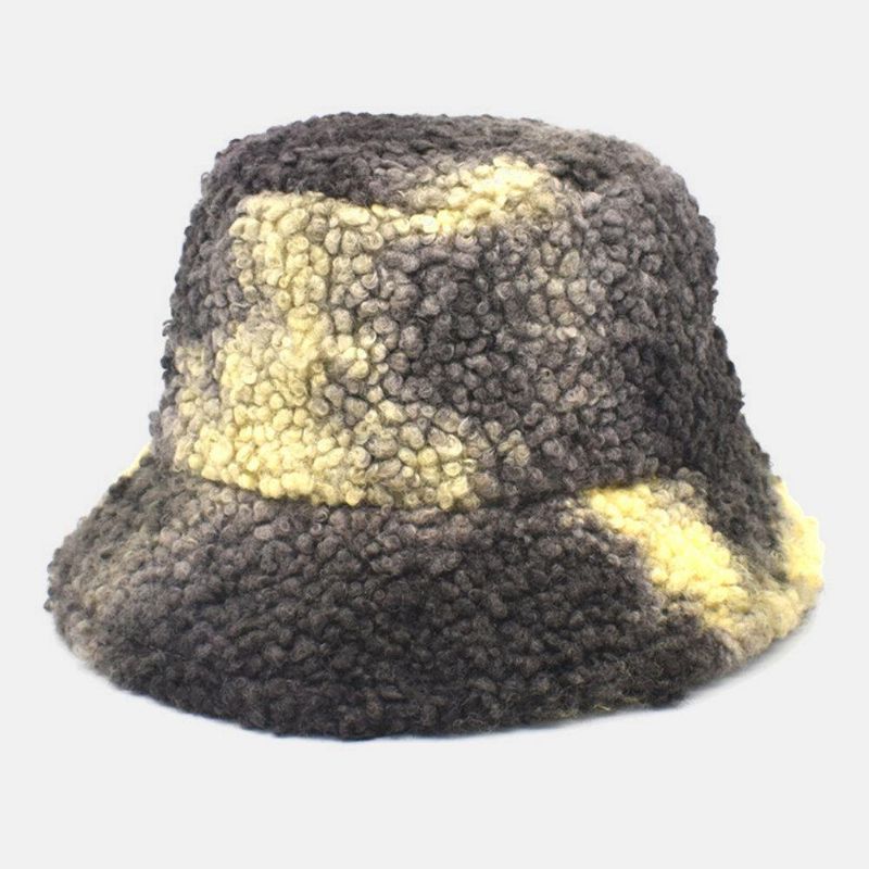 Femmes Tie-dye Mix Color Agneau Hair Warm Casual Cute Bucket Hat