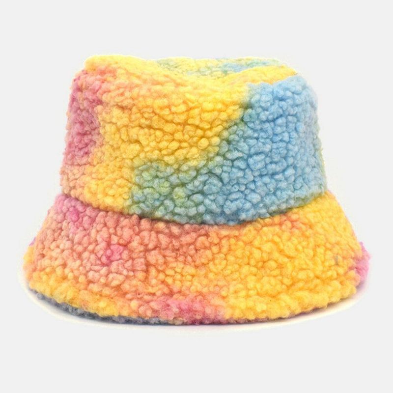 Femmes Tie-dye Mix Color Agneau Hair Warm Casual Cute Bucket Hat