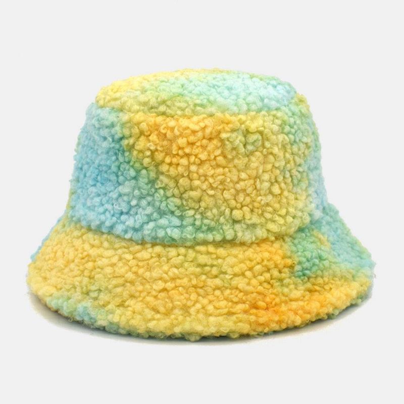 Femmes Tie-dye Mix Color Agneau Hair Warm Casual Cute Bucket Hat