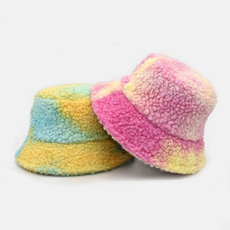 Femmes Tie-dye Mix Color Agneau Hair Warm Casual Cute Bucket Hat