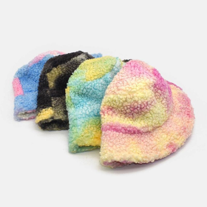 Femmes Tie-dye Mix Color Agneau Hair Warm Casual Cute Bucket Hat