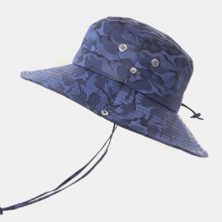 Hommes Camouflage Big Brim Coupe-vent Corde Pêche En Plein Air Escalade Anti-uv Parasol Seau Chapeau