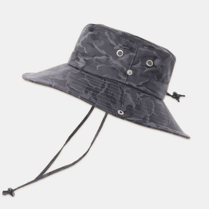 Hommes Camouflage Big Brim Coupe-vent Corde Pêche En Plein Air Escalade Anti-uv Parasol Seau Chapeau