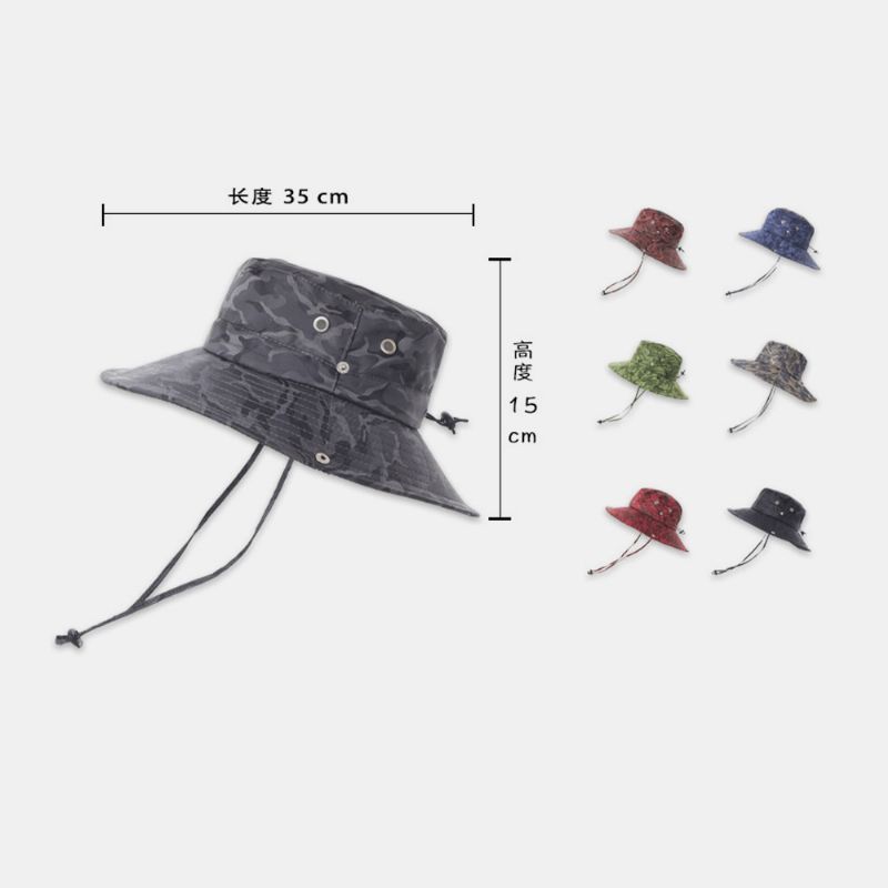 Hommes Camouflage Big Brim Coupe-vent Corde Pêche En Plein Air Escalade Anti-uv Parasol Seau Chapeau