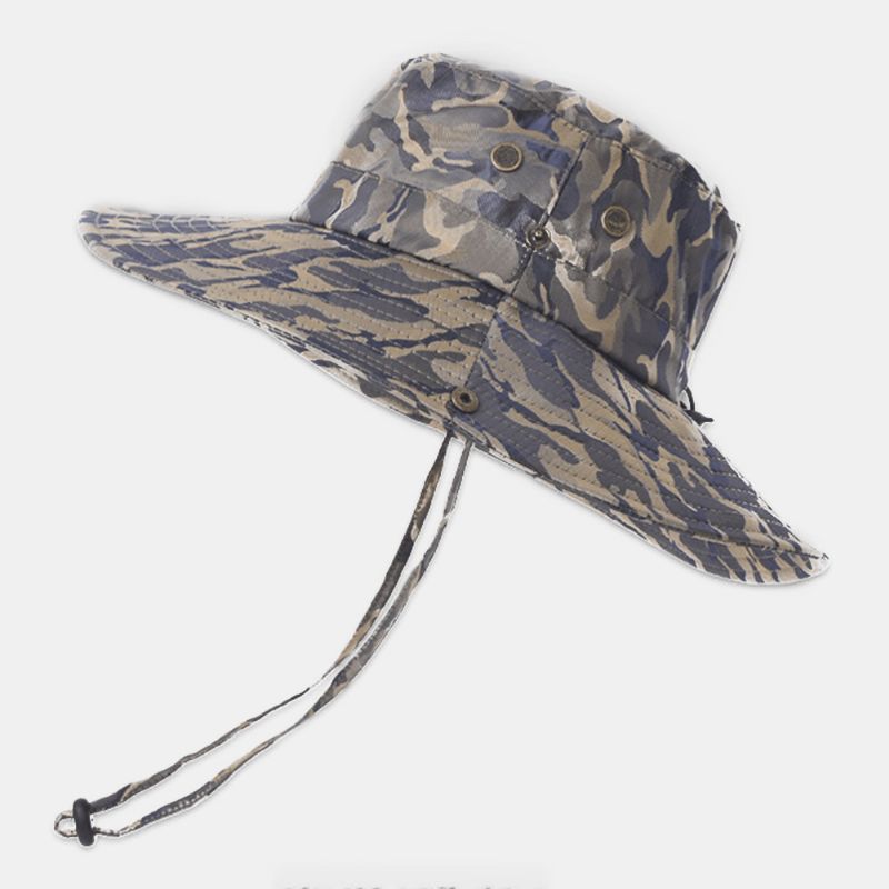 Hommes Camouflage Big Brim Coupe-vent Corde Pêche En Plein Air Escalade Anti-uv Parasol Seau Chapeau