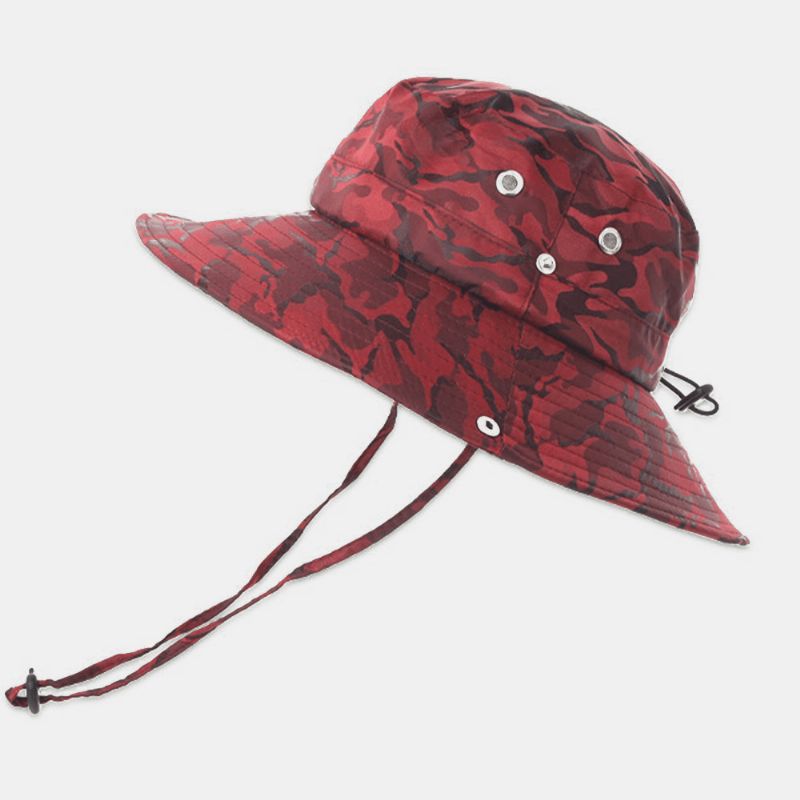 Hommes Camouflage Big Brim Coupe-vent Corde Pêche En Plein Air Escalade Anti-uv Parasol Seau Chapeau