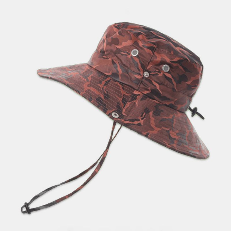 Hommes Camouflage Big Brim Coupe-vent Corde Pêche En Plein Air Escalade Anti-uv Parasol Seau Chapeau