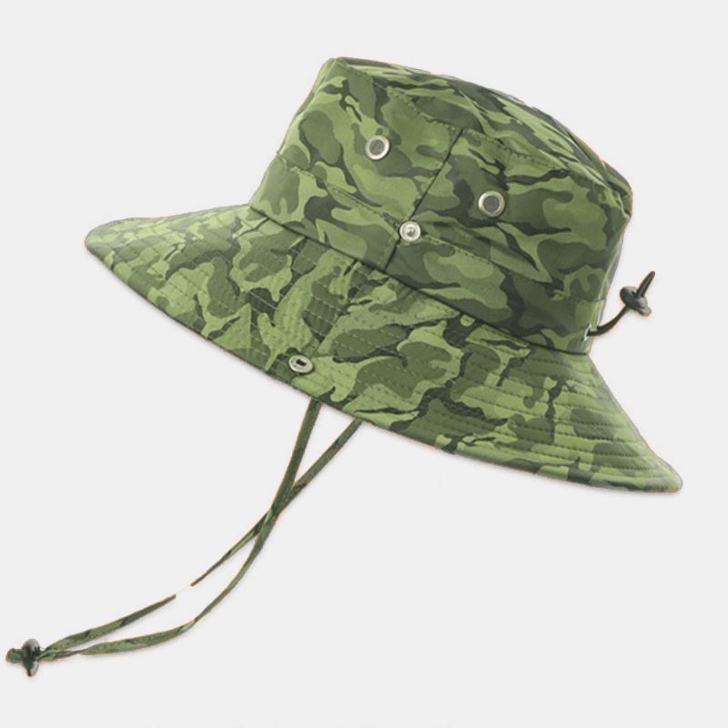 Hommes Camouflage Big Brim Coupe-vent Corde Pêche En Plein Air Escalade Anti-uv Parasol Seau Chapeau