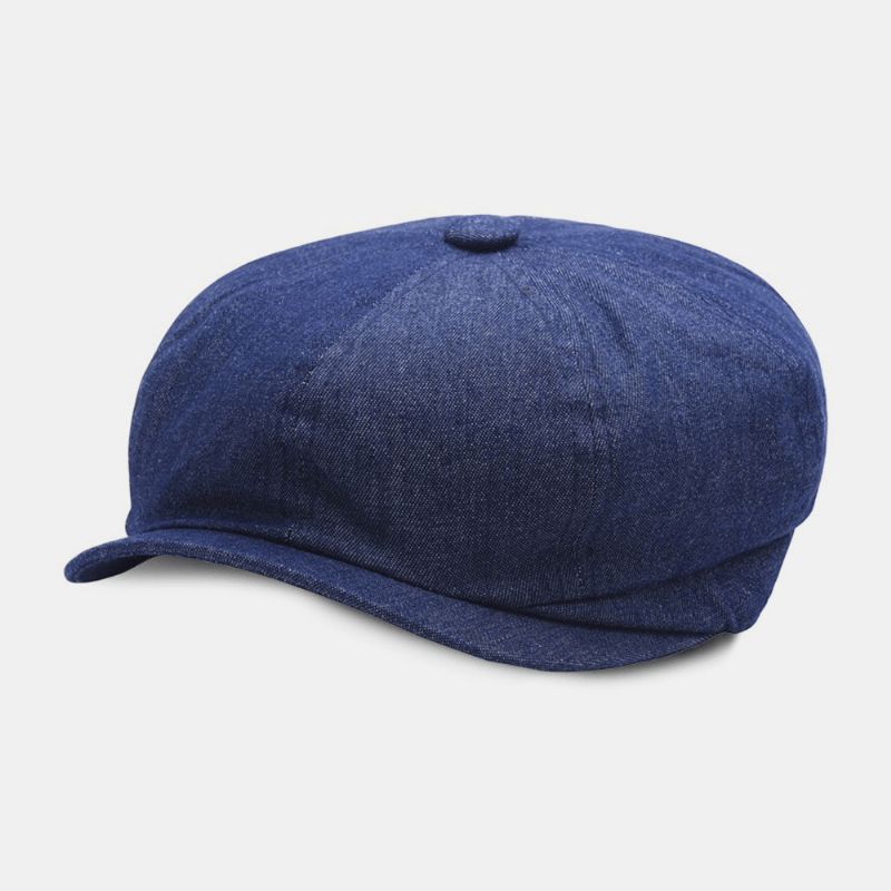 Hommes Denim Patchwork Béret Casquette Décontracté Rétro Élastique Bande Octogonale Chapeau Plat Chapeau Peintre Gavroche Casquette