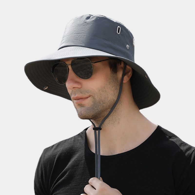 Hommes Grand Bord Coupe-vent Corde Réglable Parasol Chapeau Double Usage Pêche En Plein Air Alpinisme Anti-uv Seau Chapeau