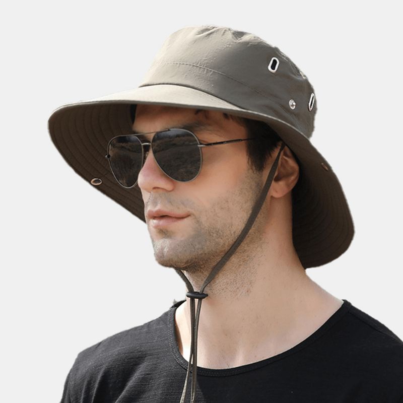 Hommes Grand Bord Coupe-vent Corde Réglable Parasol Chapeau Double Usage Pêche En Plein Air Alpinisme Anti-uv Seau Chapeau