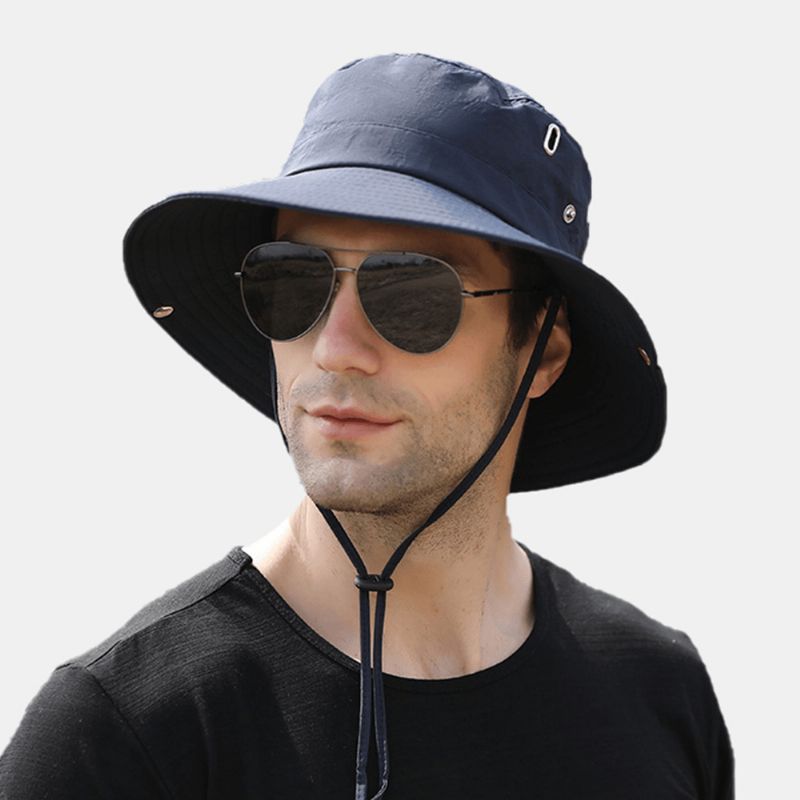 Hommes Grand Bord Coupe-vent Corde Réglable Parasol Chapeau Double Usage Pêche En Plein Air Alpinisme Anti-uv Seau Chapeau