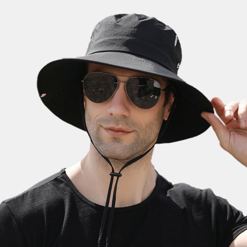 Hommes Grand Bord Coupe-vent Corde Réglable Parasol Chapeau Double Usage Pêche En Plein Air Alpinisme Anti-uv Seau Chapeau