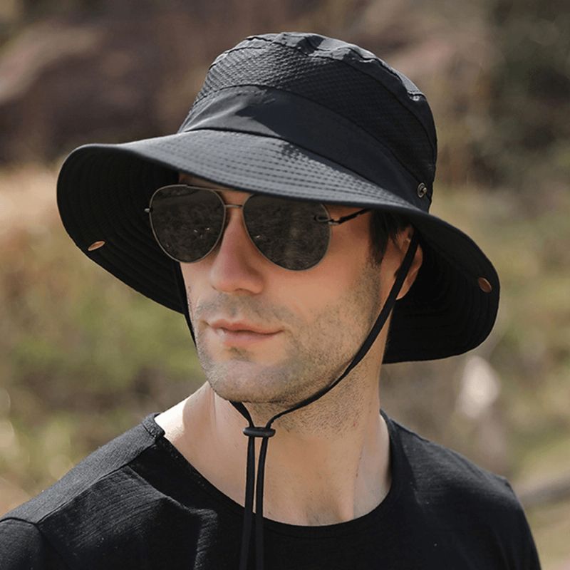 Hommes Pliable Mesh Respirant Parasol Chapeau Coupe-vent Corde Réglable Pêche En Plein Air Anti-uv Seau Chapeau