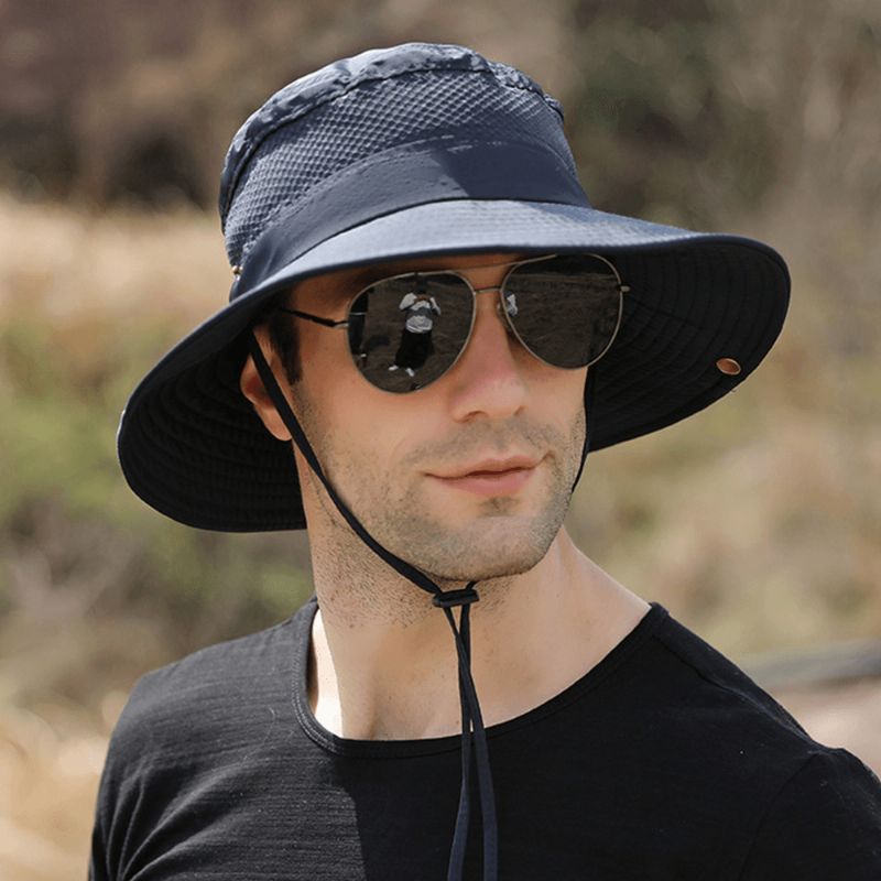 Hommes Pliable Mesh Respirant Parasol Chapeau Coupe-vent Corde Réglable Pêche En Plein Air Anti-uv Seau Chapeau