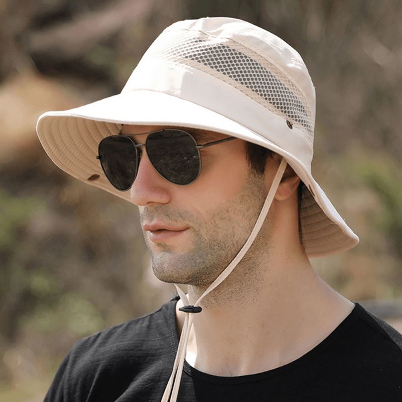 Hommes Pliable Mesh Respirant Parasol Chapeau Coupe-vent Corde Réglable Pêche En Plein Air Anti-uv Seau Chapeau