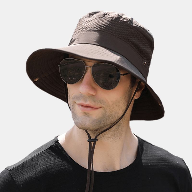 Hommes Pliable Mesh Respirant Parasol Chapeau Coupe-vent Corde Réglable Pêche En Plein Air Anti-uv Seau Chapeau