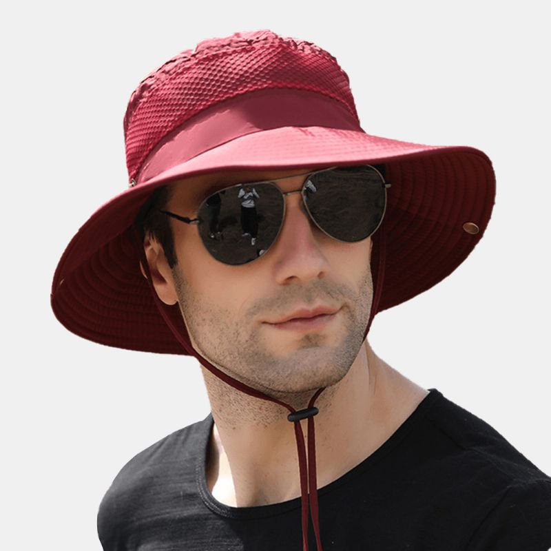 Hommes Pliable Mesh Respirant Parasol Chapeau Coupe-vent Corde Réglable Pêche En Plein Air Anti-uv Seau Chapeau