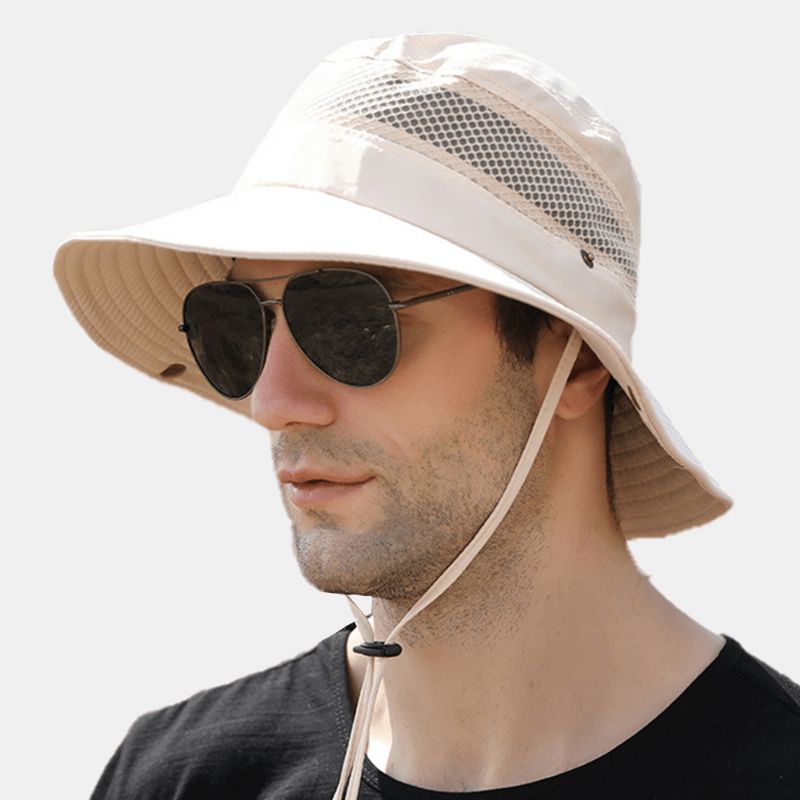 Hommes Pliable Mesh Respirant Parasol Chapeau Coupe-vent Corde Réglable Pêche En Plein Air Anti-uv Seau Chapeau