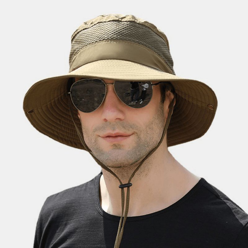 Hommes Pliable Mesh Respirant Parasol Chapeau Coupe-vent Corde Réglable Pêche En Plein Air Anti-uv Seau Chapeau