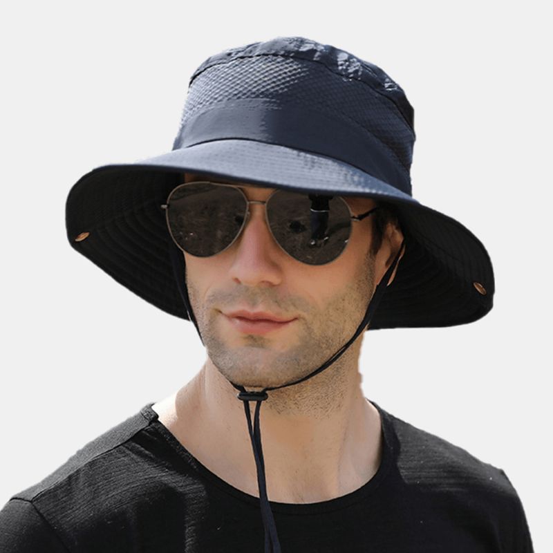 Hommes Pliable Mesh Respirant Parasol Chapeau Coupe-vent Corde Réglable Pêche En Plein Air Anti-uv Seau Chapeau