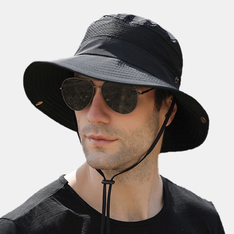 Hommes Pliable Mesh Respirant Parasol Chapeau Coupe-vent Corde Réglable Pêche En Plein Air Anti-uv Seau Chapeau