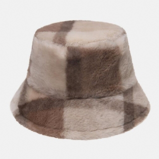 Motif À Carreaux En Poils De Lapin Unisexe Plus Épais Chaud Coupe-vent Doux Tout Match Chapeau Seau De Voyage