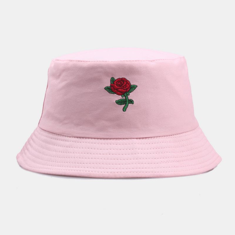 Unisexe Cartoon Rose Broderie Twill Cap Outdoor Suncreen Parasol Seau Chapeau