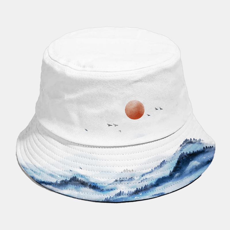 Unisexe Coton Mode Automne Paysage Encre De Chine Peinture Chapeau De Soleil Extérieur Parasol Seau Chapeau Pour Hommes