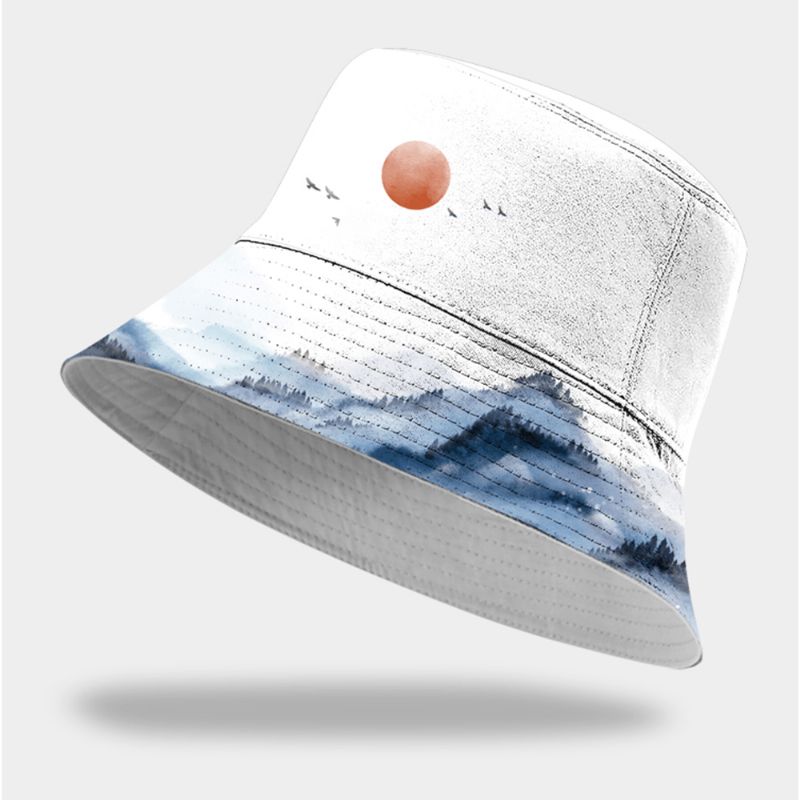 Unisexe Coton Mode Automne Paysage Encre De Chine Peinture Chapeau De Soleil Extérieur Parasol Seau Chapeau Pour Hommes