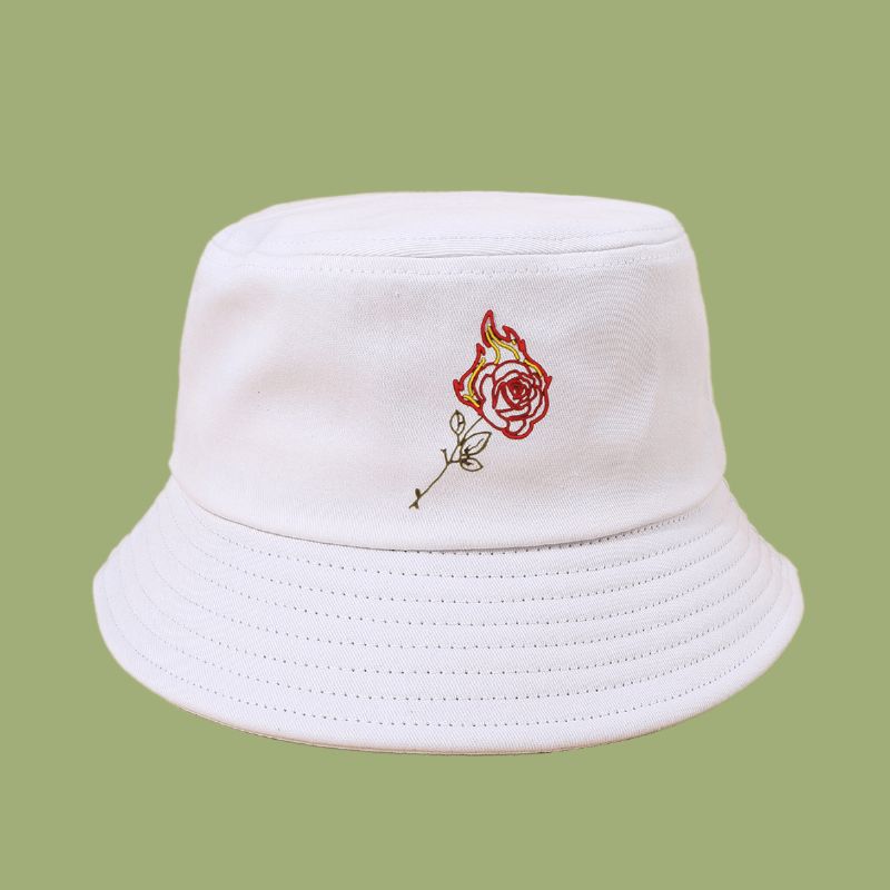 Unisexe Flamme Rose Broderie Soleil Chapeau Coton Simple Écran Solaire Seau Chapeau