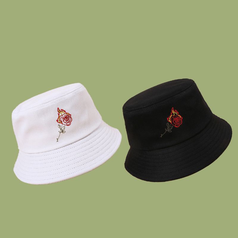 Unisexe Flamme Rose Broderie Soleil Chapeau Coton Simple Écran Solaire Seau Chapeau