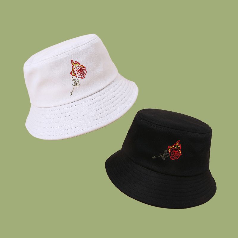 Unisexe Flamme Rose Broderie Soleil Chapeau Coton Simple Écran Solaire Seau Chapeau