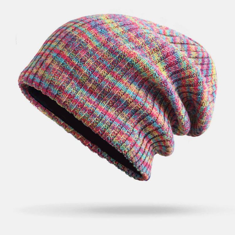 Unisexe Laine Mixte Arc-en-ciel Couleur Rayures Motif Plus Velours Épais Chaud Couple Chapeau Bonnet Bonnet Tricoté