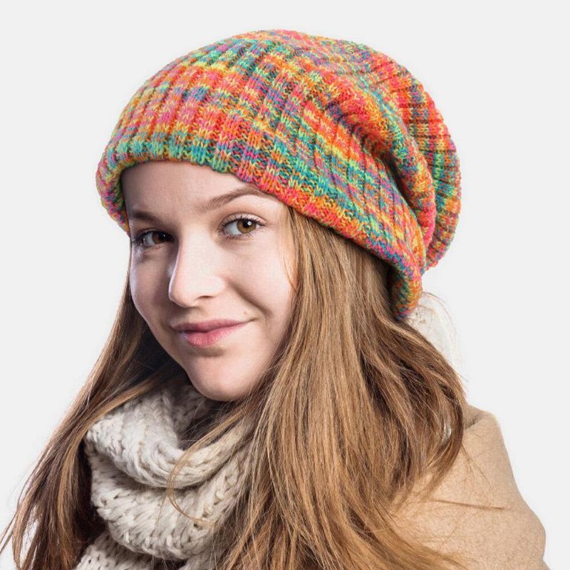 Unisexe Laine Mixte Arc-en-ciel Couleur Rayures Motif Plus Velours Épais Chaud Couple Chapeau Bonnet Bonnet Tricoté