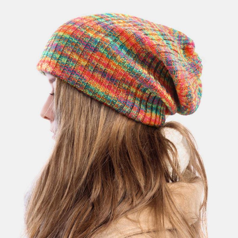 Unisexe Laine Mixte Arc-en-ciel Couleur Rayures Motif Plus Velours Épais Chaud Couple Chapeau Bonnet Bonnet Tricoté