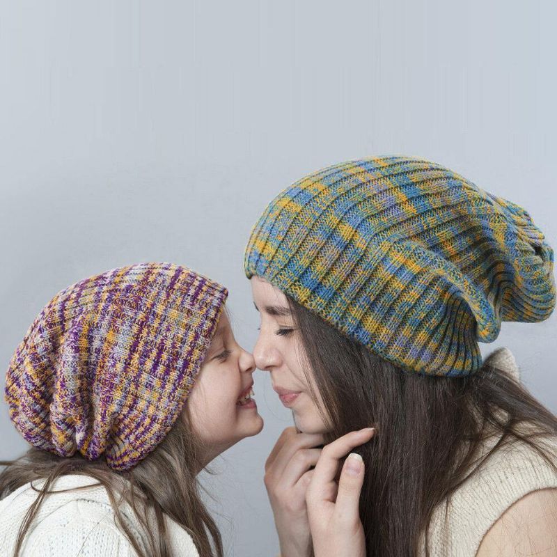 Unisexe Laine Mixte Arc-en-ciel Couleur Rayures Motif Plus Velours Épais Chaud Couple Chapeau Bonnet Bonnet Tricoté