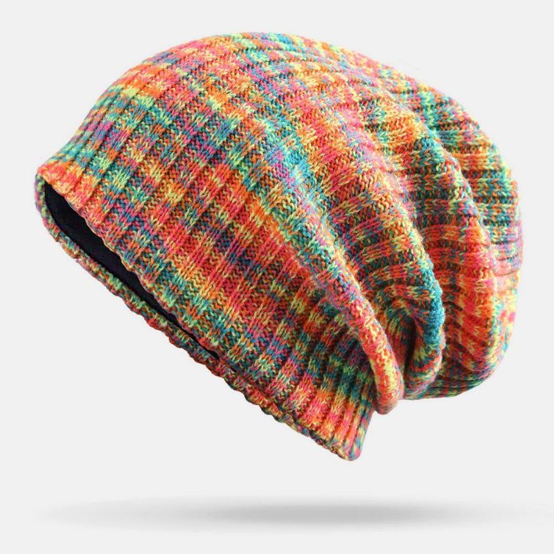 Unisexe Laine Mixte Arc-en-ciel Couleur Rayures Motif Plus Velours Épais Chaud Couple Chapeau Bonnet Bonnet Tricoté