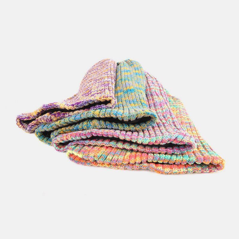 Unisexe Laine Mixte Arc-en-ciel Couleur Rayures Motif Plus Velours Épais Chaud Couple Chapeau Bonnet Bonnet Tricoté