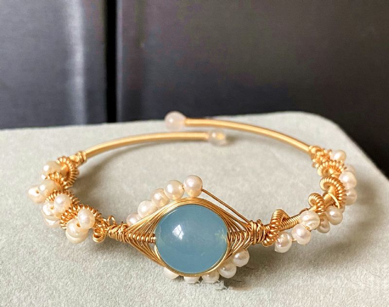 14k Goldwrapped Bracelet Fait Main Hailan Baohai Sapphire Natural White Pearl Bracelet