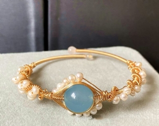 14k Goldwrapped Bracelet Fait Main Hailan Baohai Sapphire Natural White Pearl Bracelet